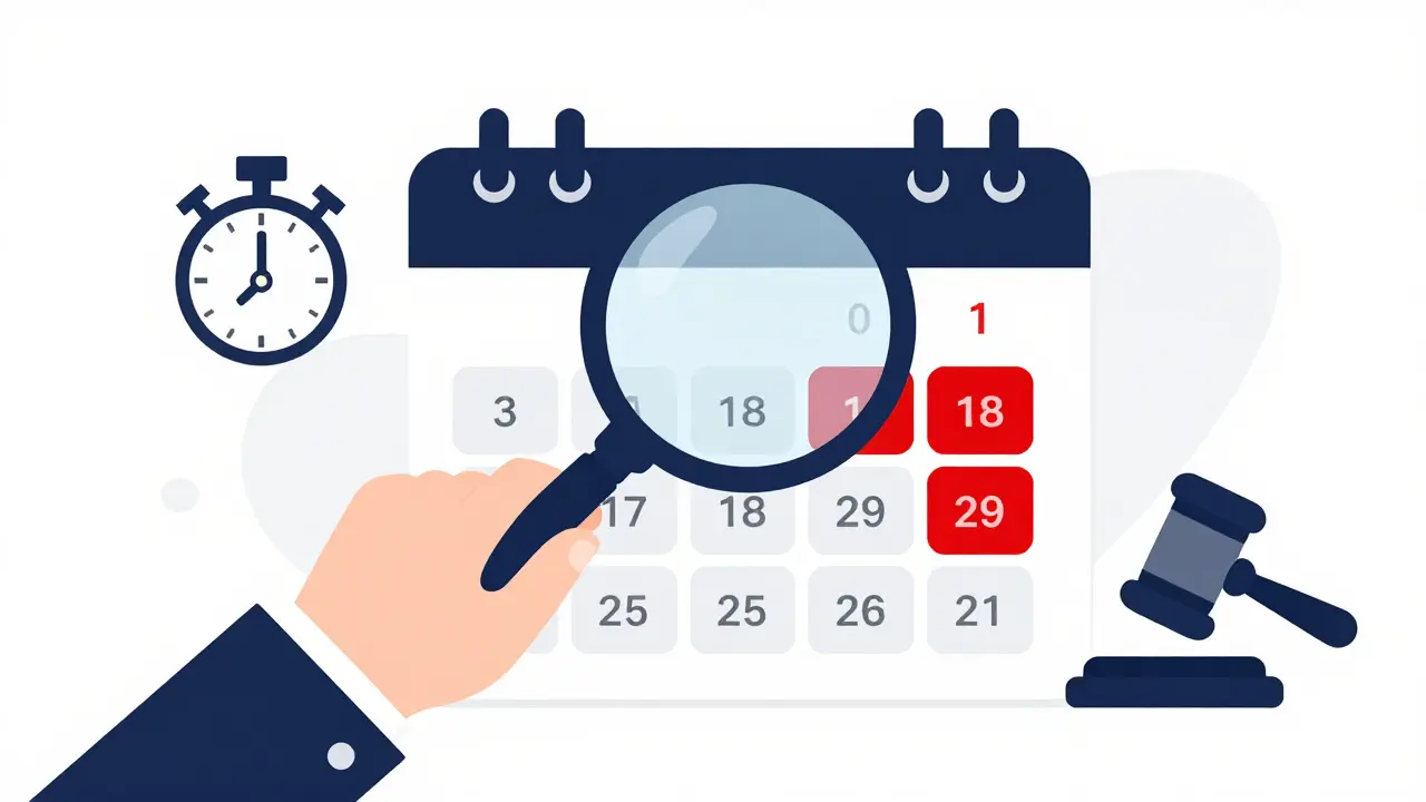 Magnifying glass highlighting a 60-day window on a calendar for filing.