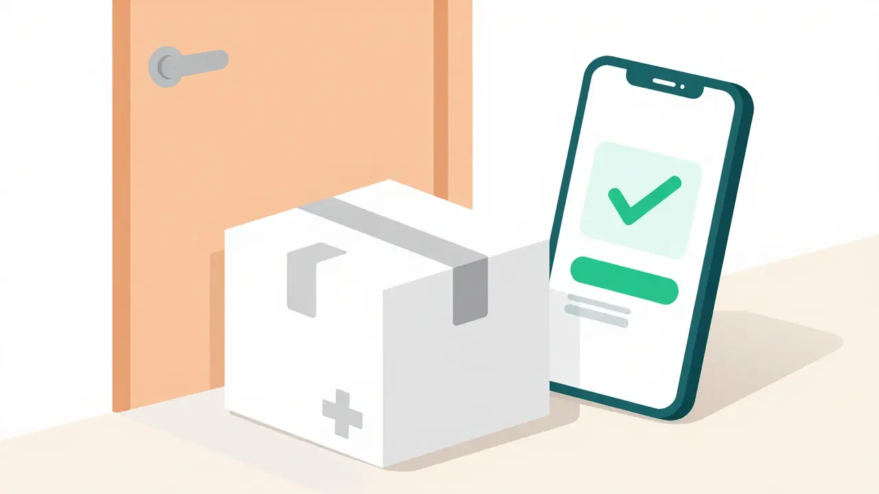 Medical delivery box on a doorstep with a digital coupon on a phone.