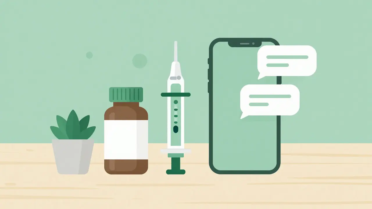 Medical tools and smartphone arranged on wooden table