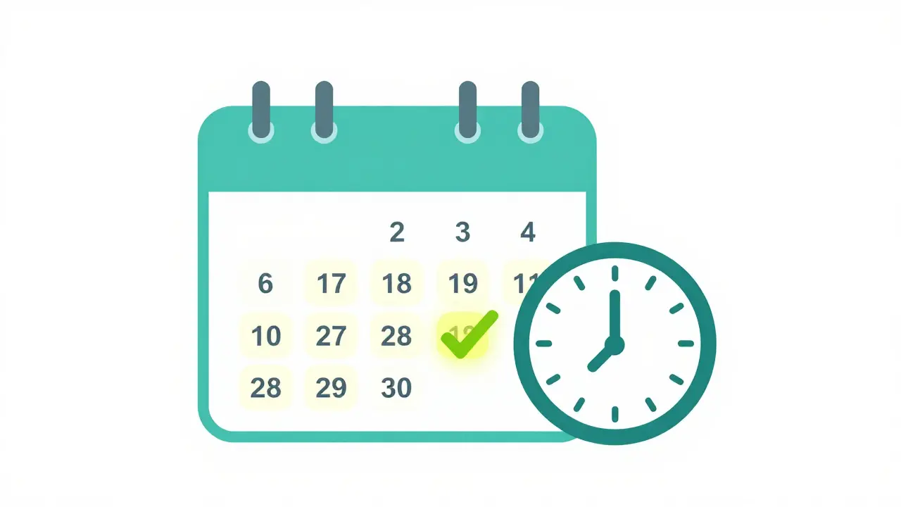 Minimalist illustration of a calendar highlighting a 14-day washout period for medication safety.