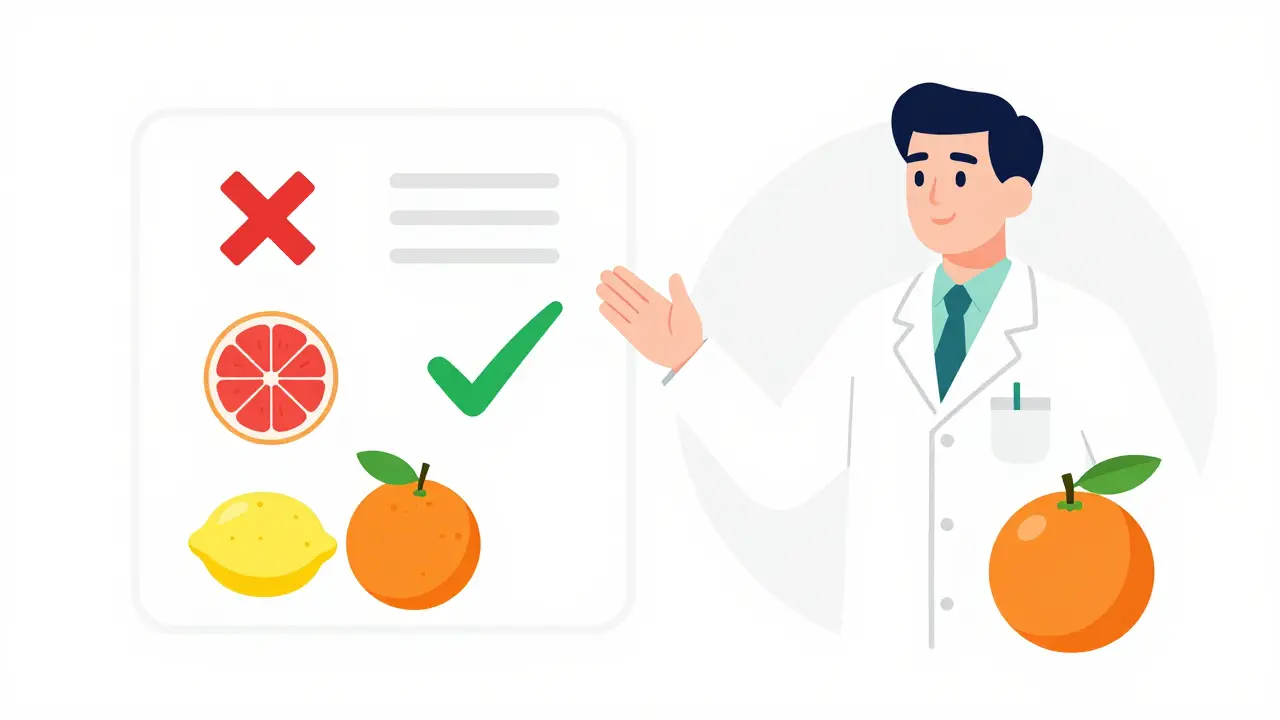 Pharmacist showing safe and unsafe citrus fruits for medication