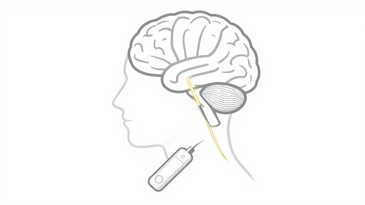 Simple diagram of brain electrodes connected to a chest-implanted pulse generator.
