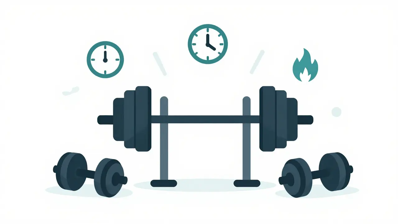 Stylized gym equipment with a clock and flame icon representing workout structure