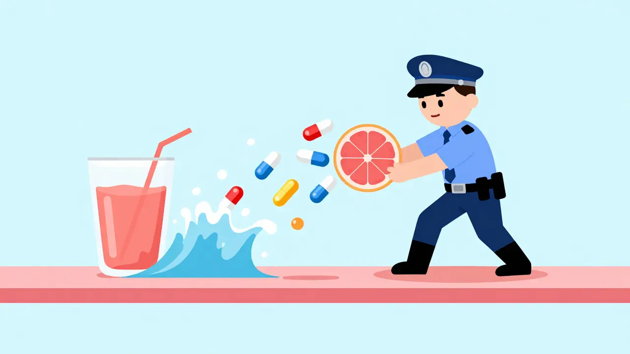 Stylized security guard enzyme being knocked over by grapefruit juice