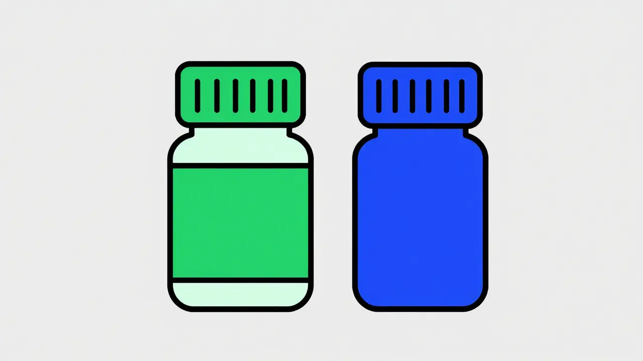 Two pill bottles comparing brand name and generic medication.