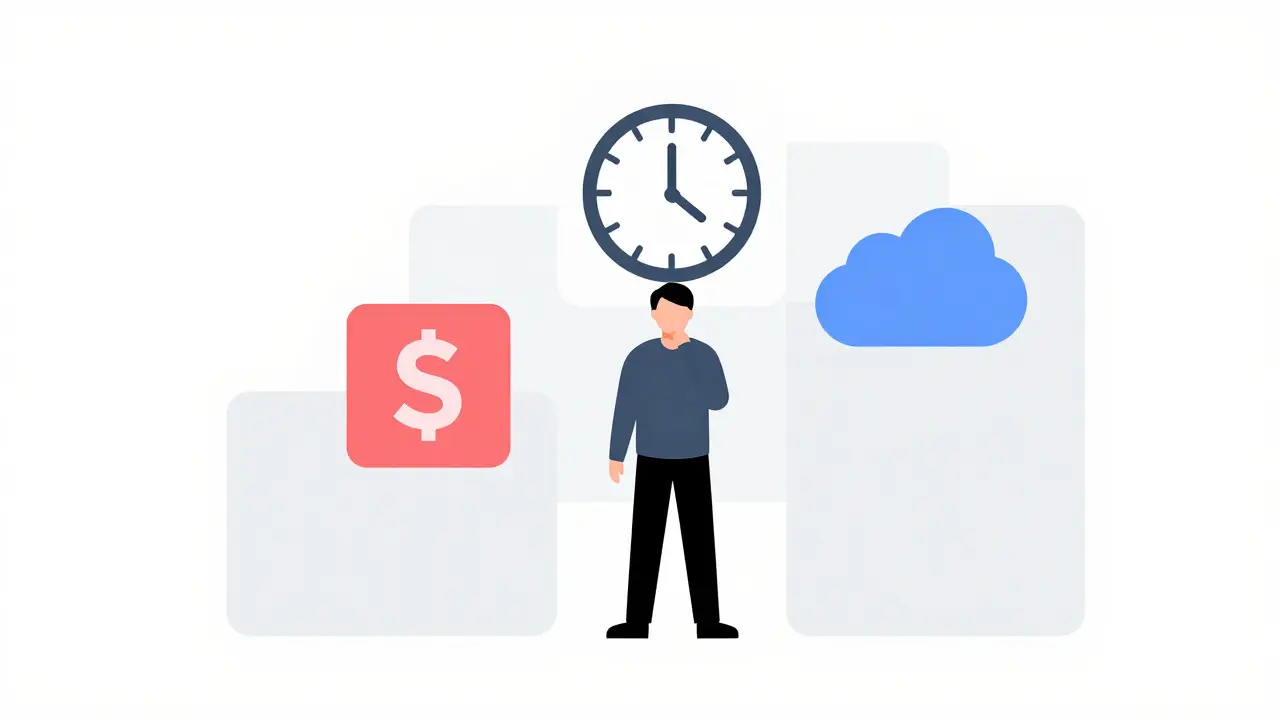 Abstract illustration of a person facing barriers like cost and side effects as blocks
