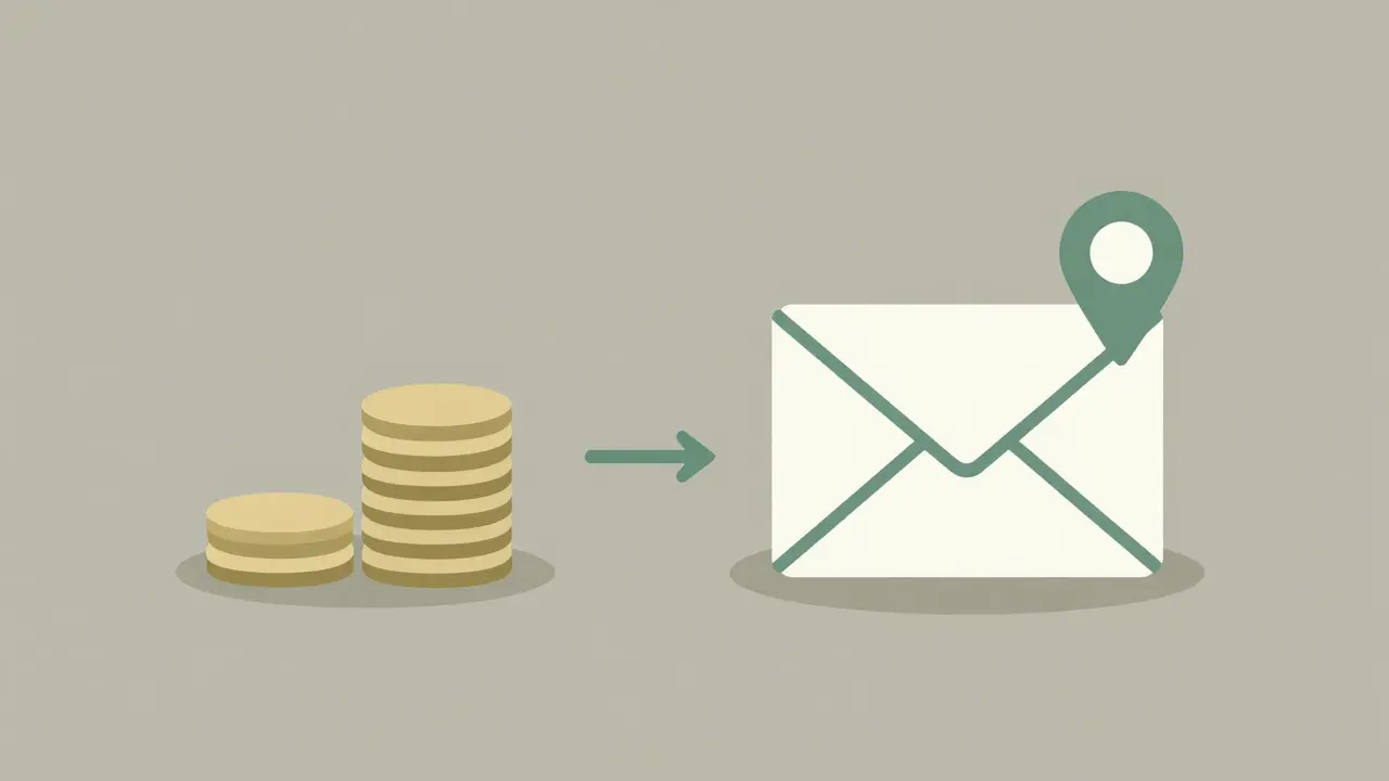 Coins and envelope symbolizing affordable online delivery
