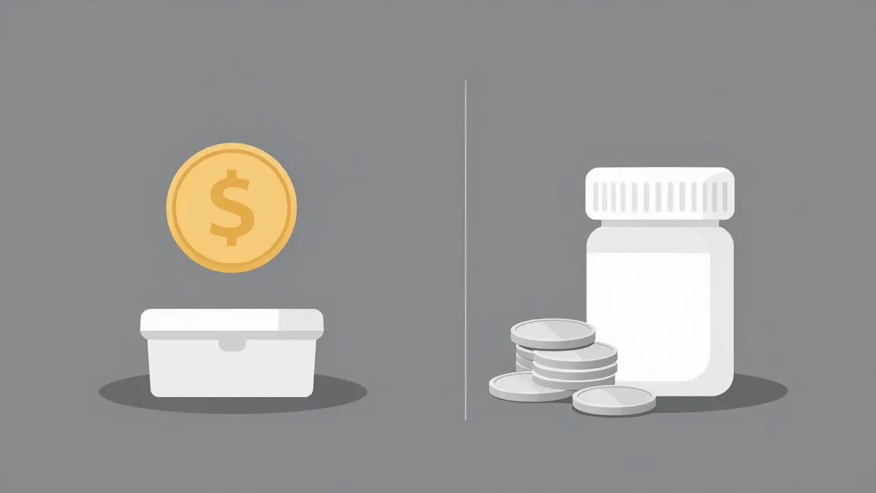 Comparison of coins and pills illustrating brand vs generic medication costs
