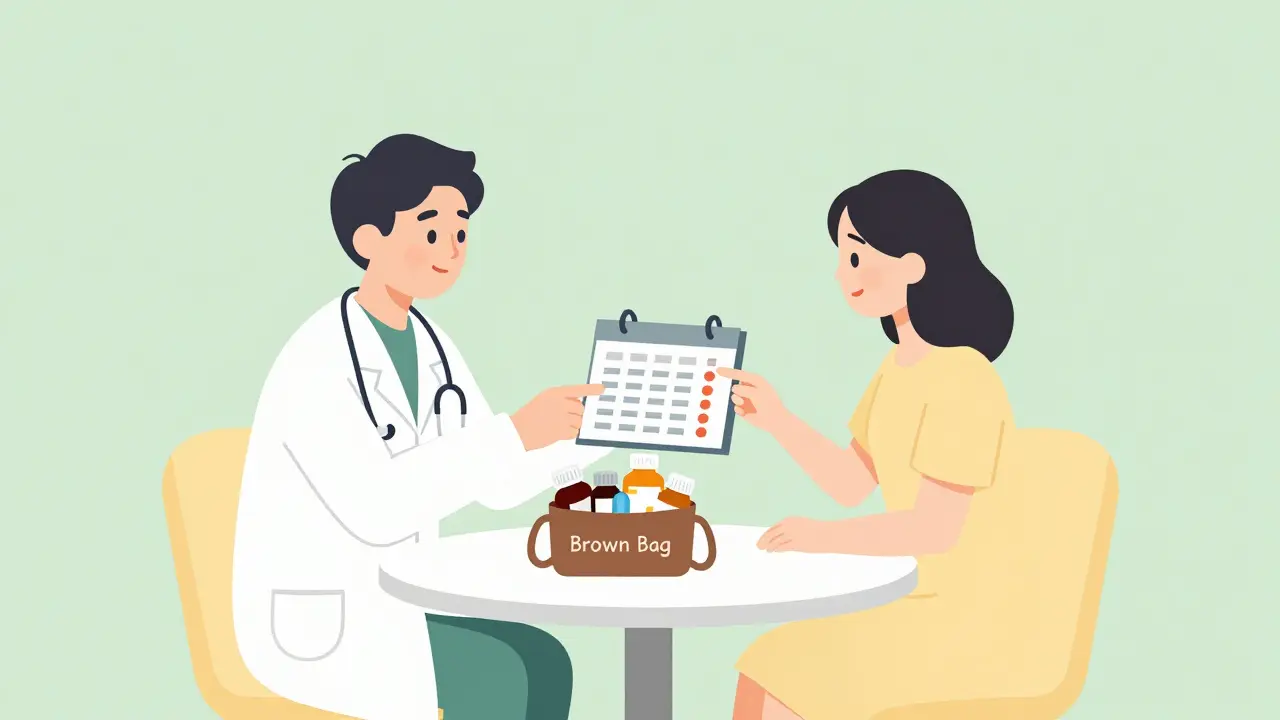 Doctor and patient reviewing medications together in a warm, minimalist setting