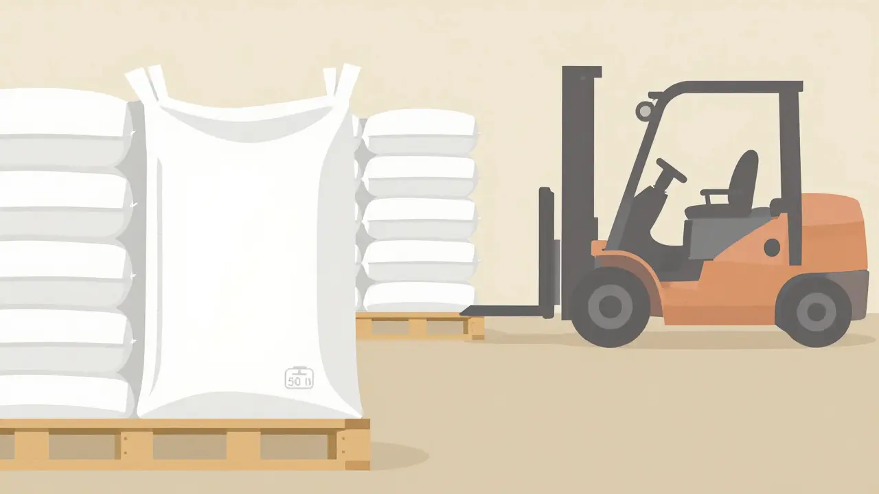 Flat design illustration of bulk sodium bicarbonate bags and pallets in a warehouse
