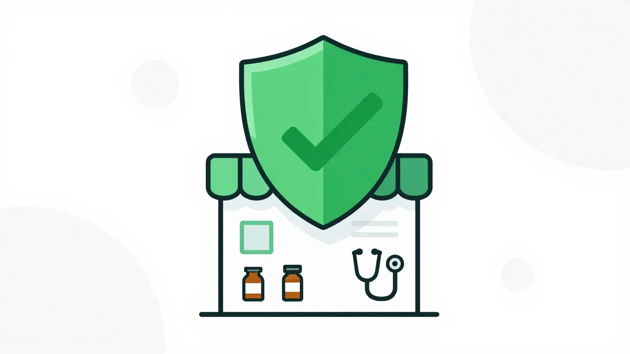 Green shield checkmark over abstract pharmacy icons representing safe online purchase.