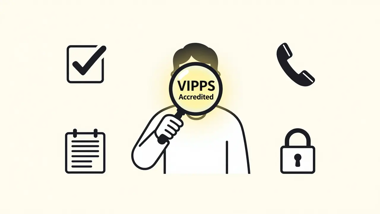 Minimalist graphic showing how to verify accredited online pharmacies with checkmarks.
