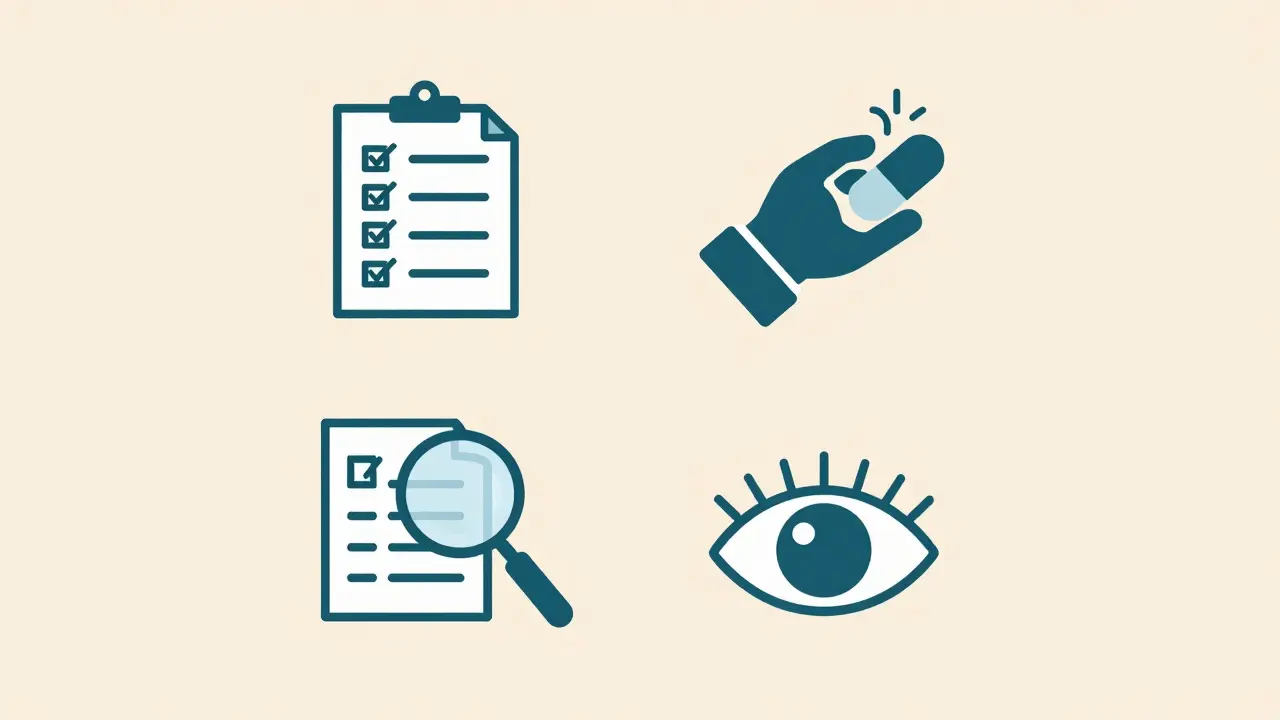 Minimalist icons representing four key steps of medication error detection during counseling
