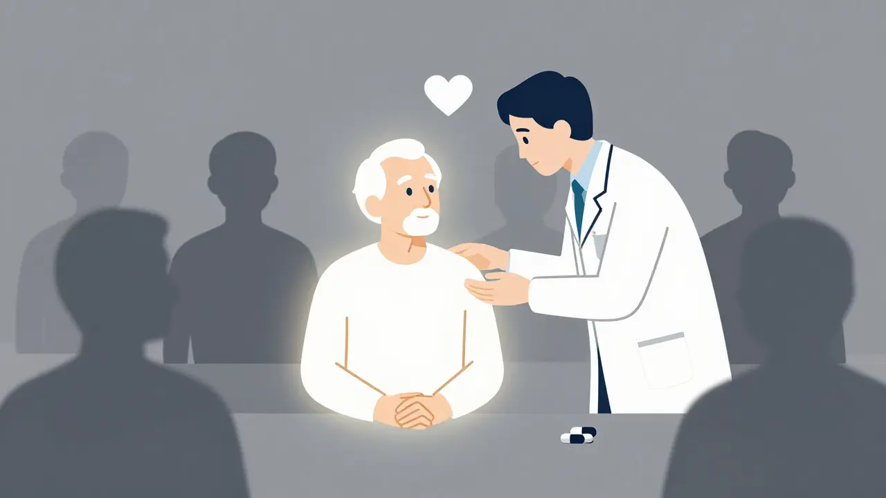 Minimalist illustration highlighting focused counseling for elderly high-risk patients