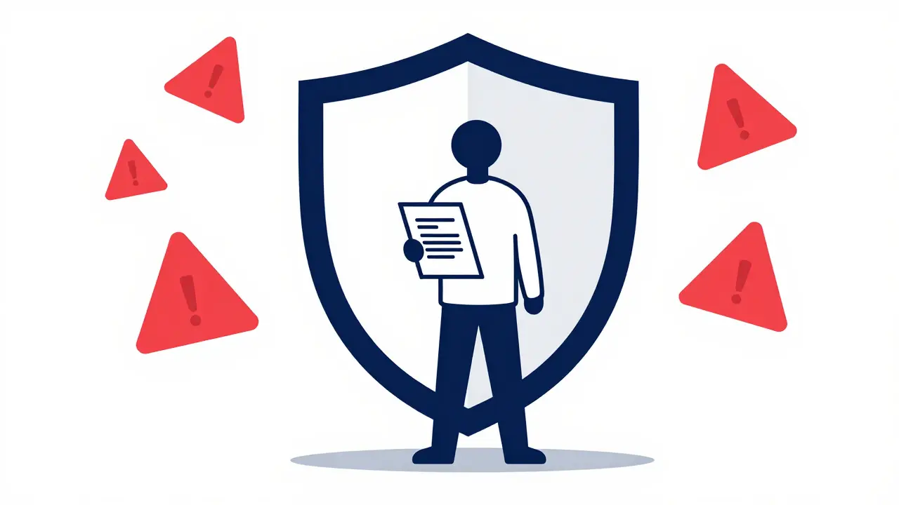 Person with prescription protected by shield from warning signs