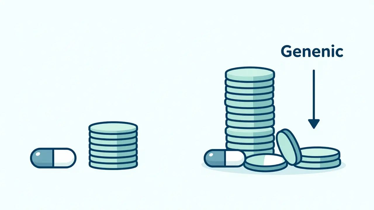 Simple graphic comparing high brand costs vs low generic medication prices.