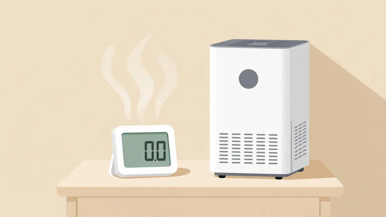 Simple illustration of a hygrometer and dehumidifier in a bedroom