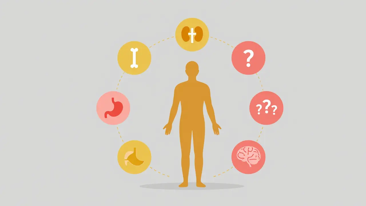 Abstract icons of kidney stones, bones, stomach, and brain around a human figure