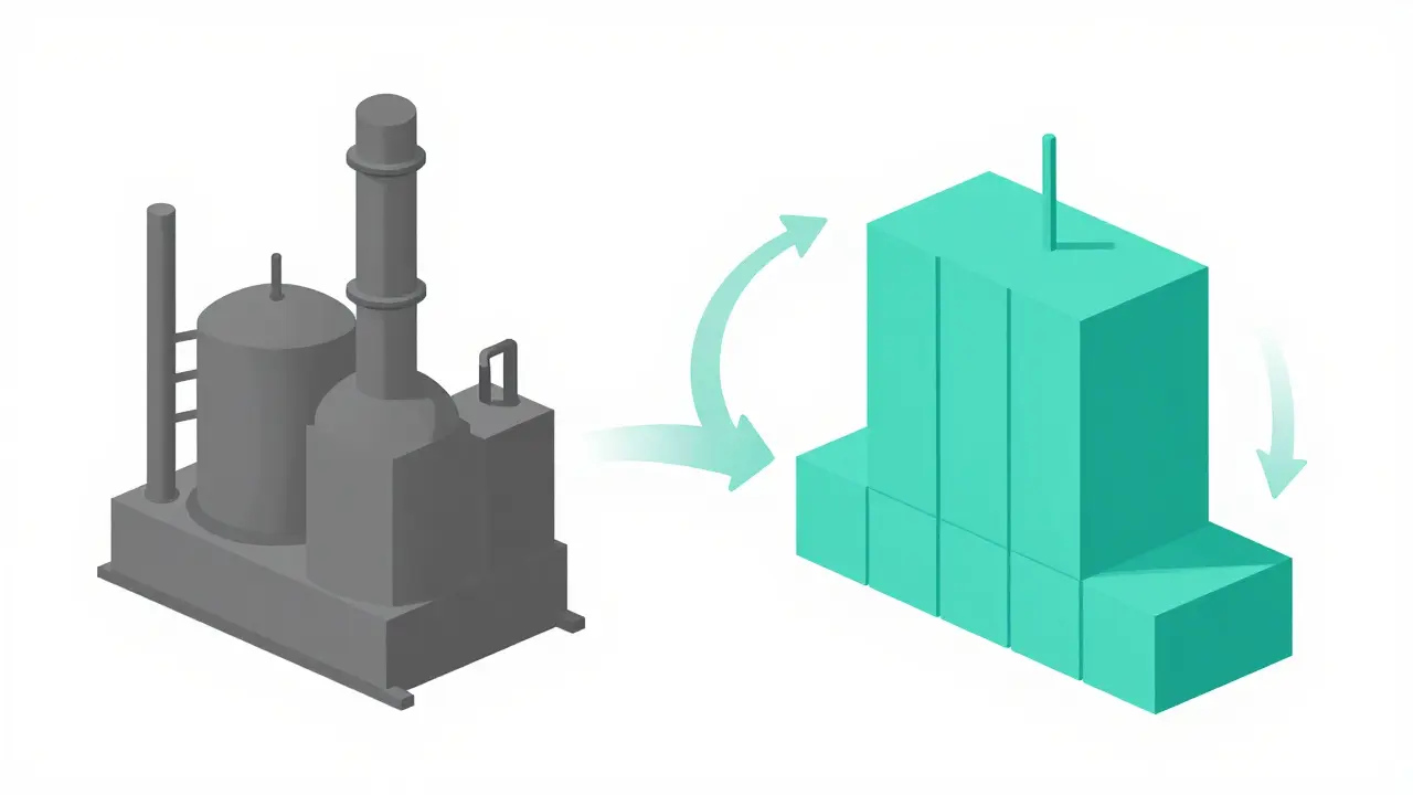 Comparison of bulky traditional factory vs sleek modular continuous manufacturing unit.