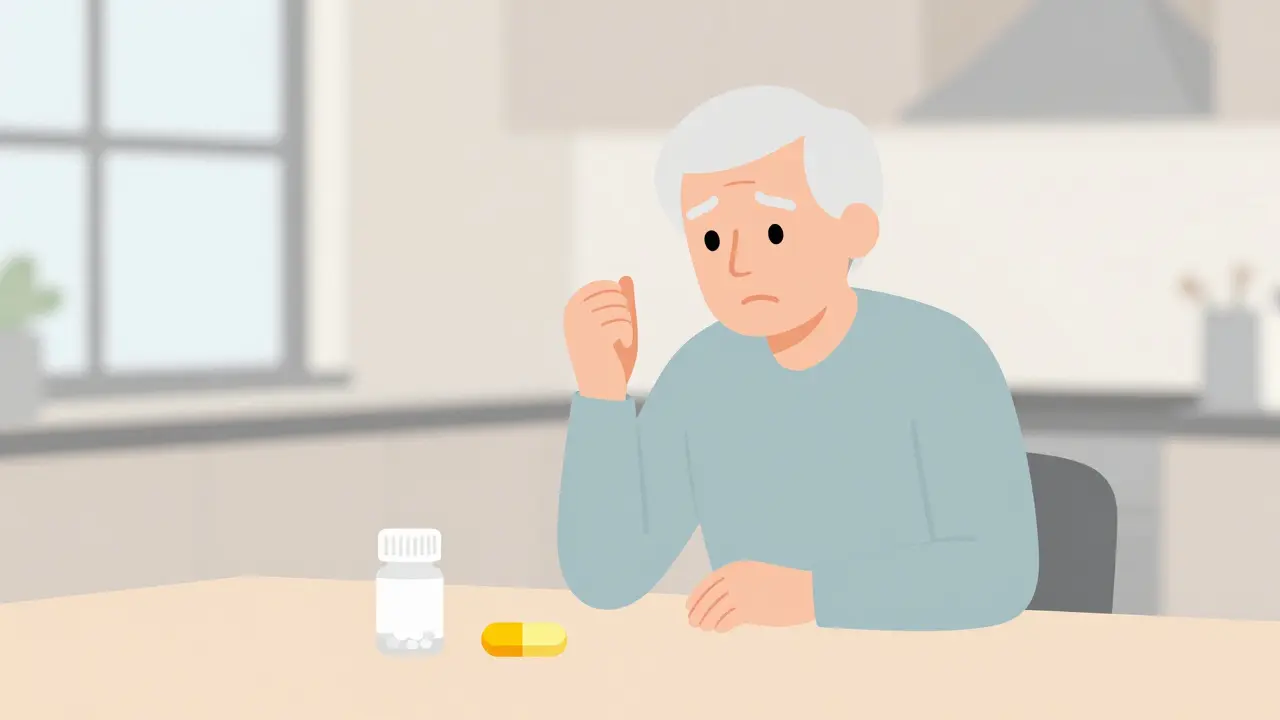 Elderly person looking worried at pills and vitamin supplements on a table