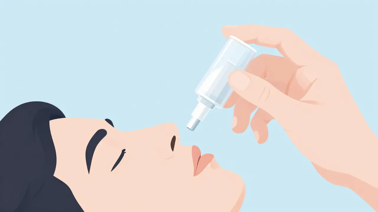 Hand administering nasal spray to unconscious person
