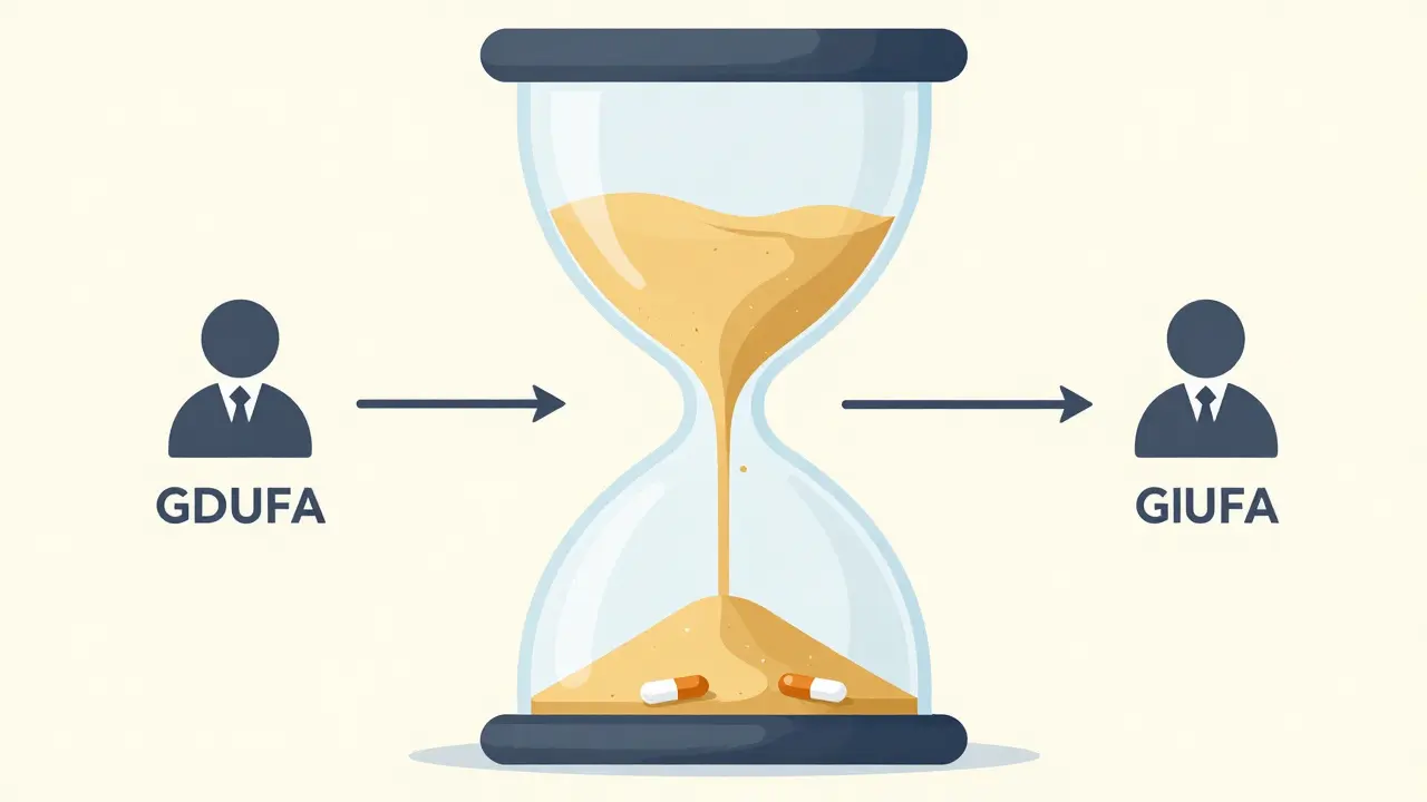 Hourglass and handshake illustrating efficient generic drug approval process.
