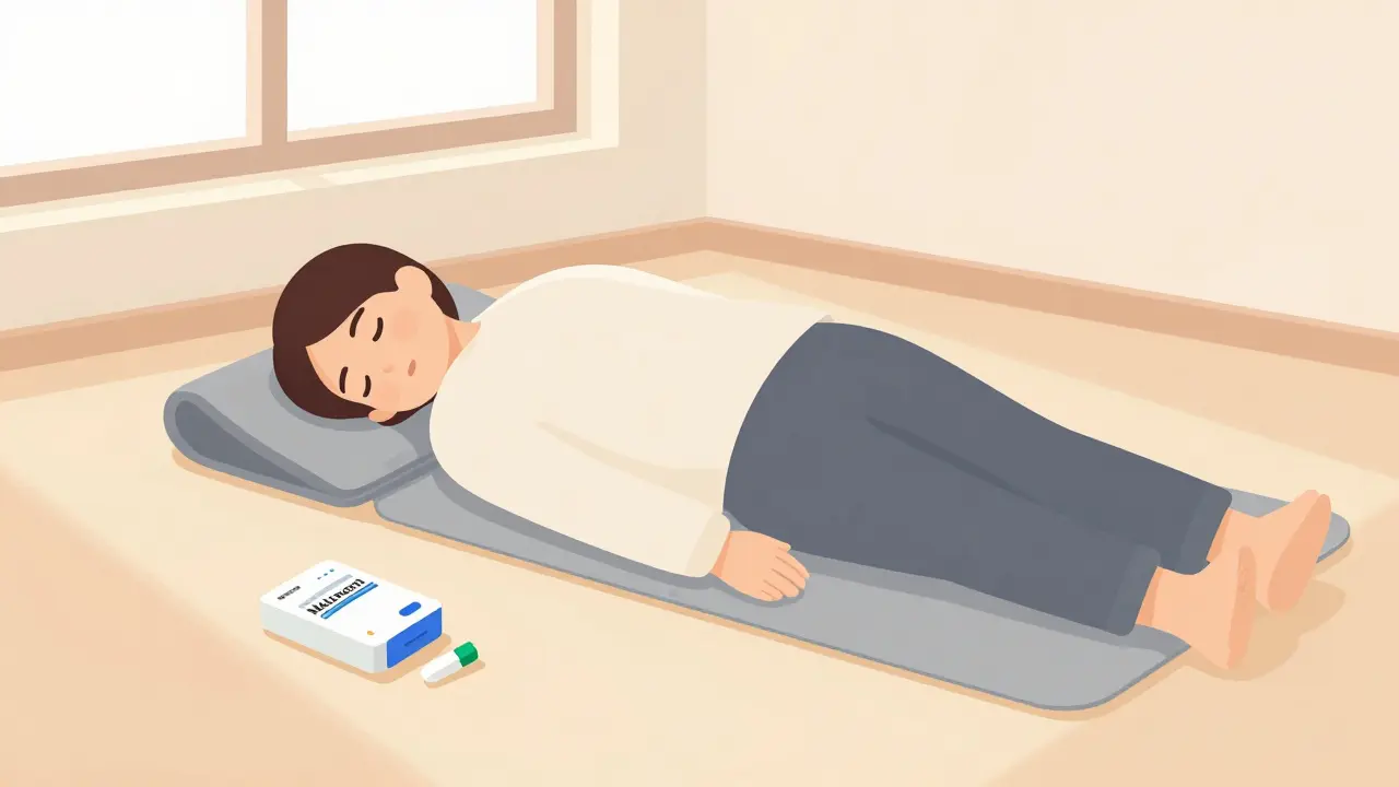 Person in recovery position with naloxone kit nearby