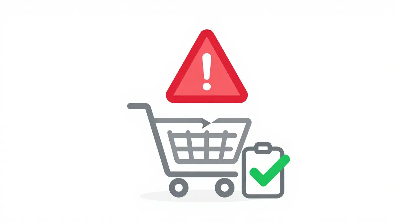 Red warning sign over shopping cart symbolizing scam avoidance