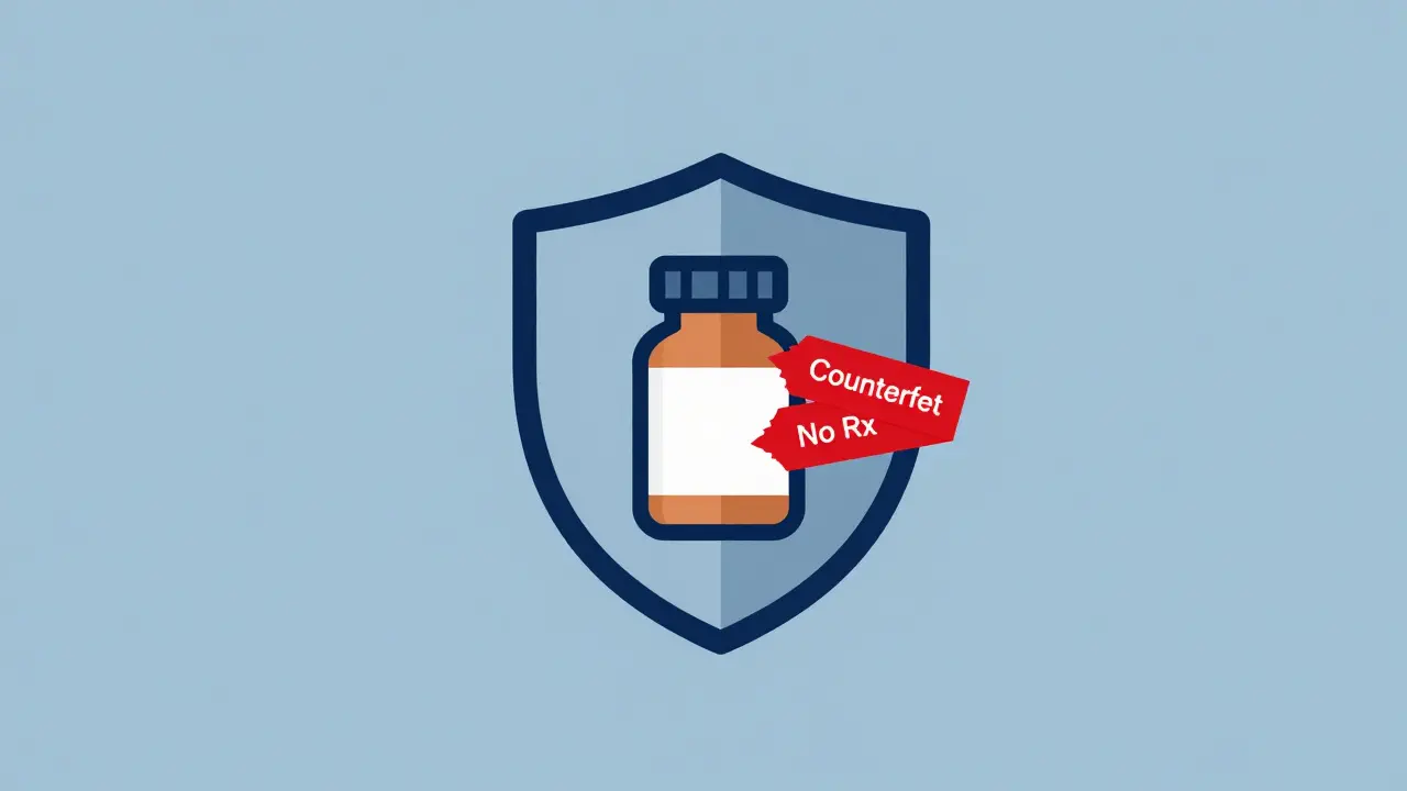 Safety shield protecting pills from counterfeit warning signs