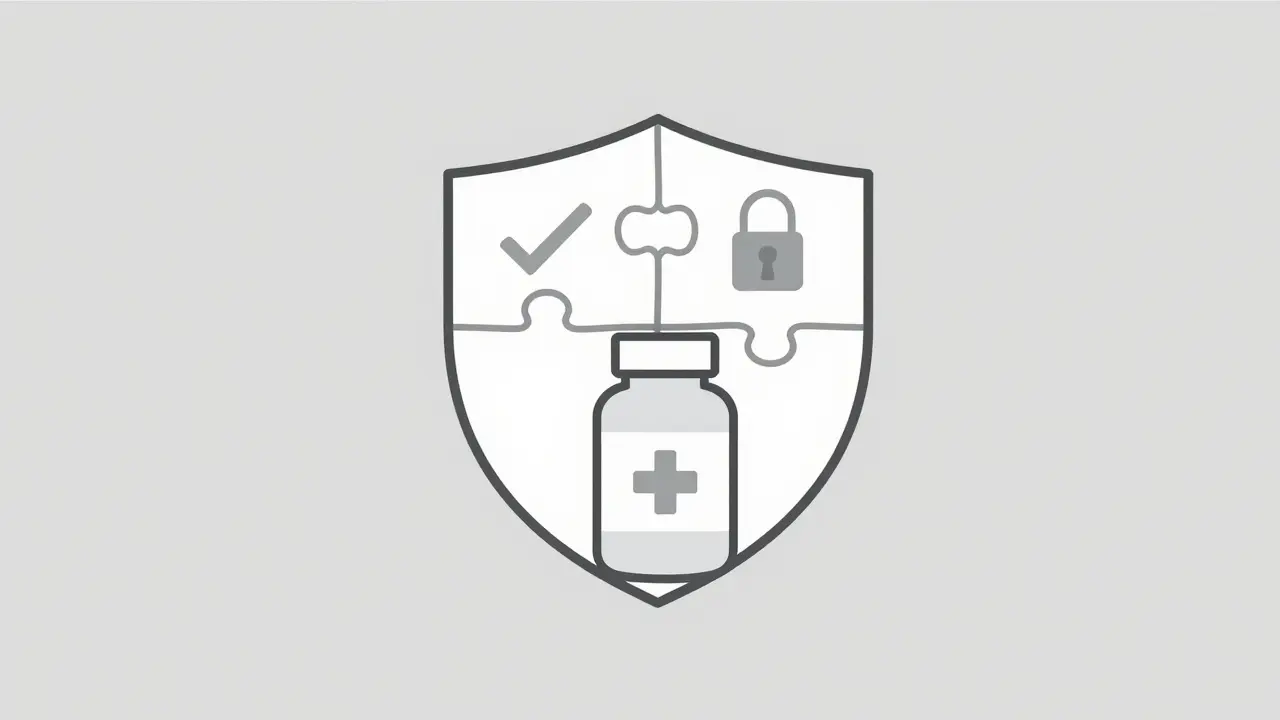 Shield protecting medication bottle symbolizing safe online pharmacy
