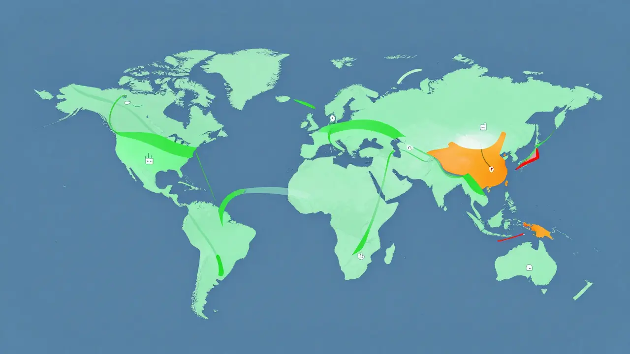 Simplified world map with connecting ribbons showing global pharmaceutical supply chain flows.