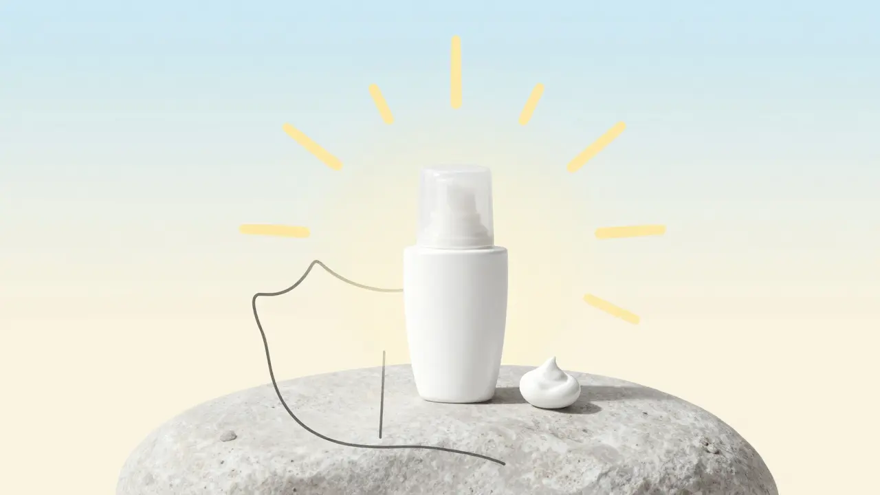 Sunscreen bottle and pea-sized cream under gentle sunlight
