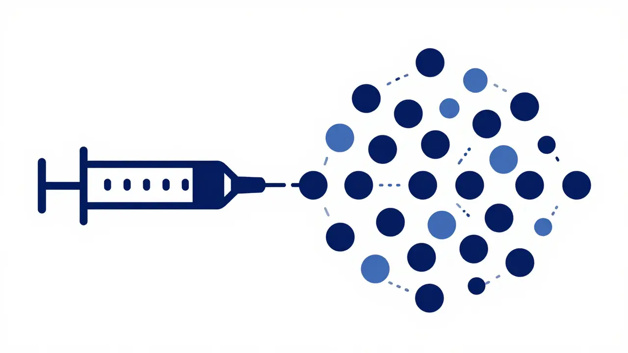 Syringe and uniform nanoparticles illustrating complex injectable drug structures