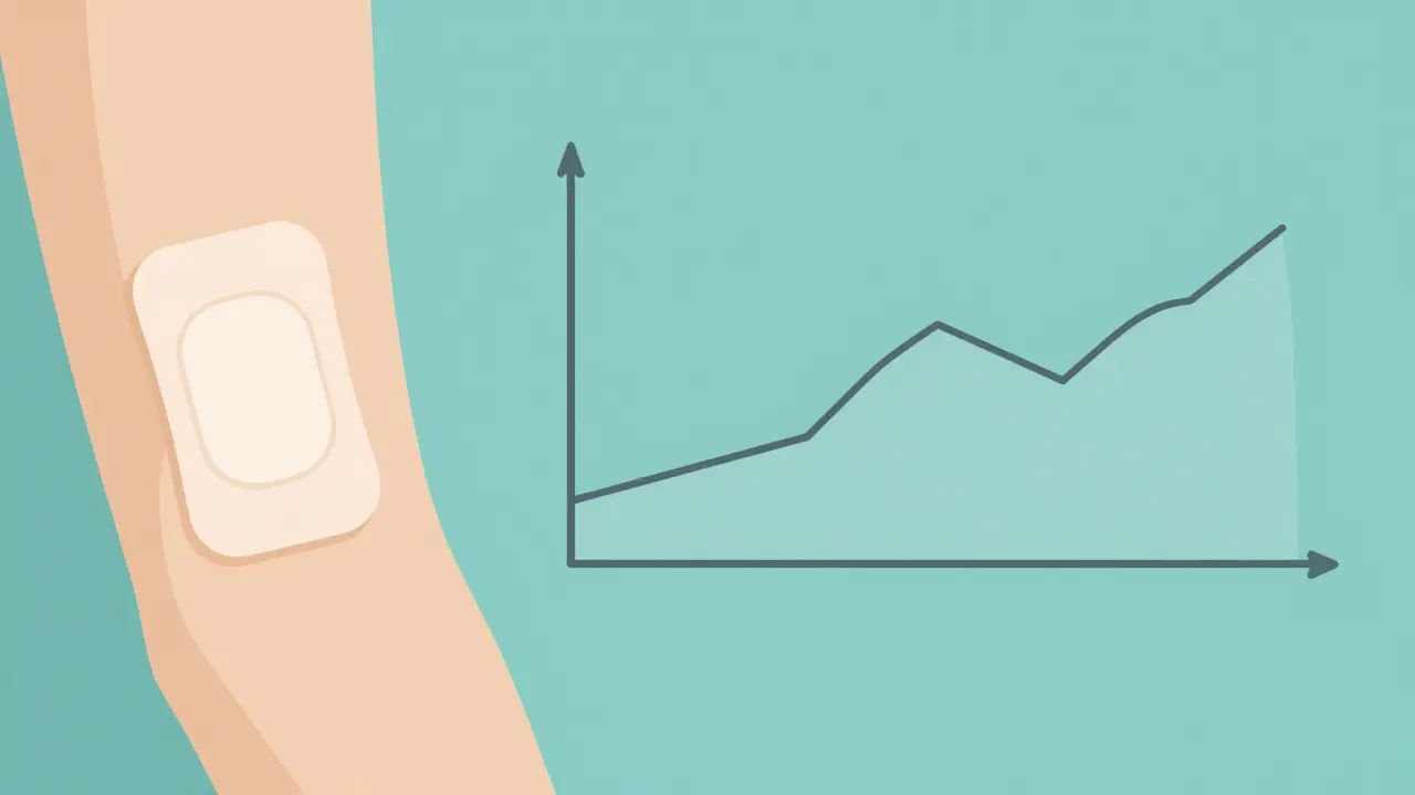 Transdermal patch on an arm next to a graph showing steady drug release levels