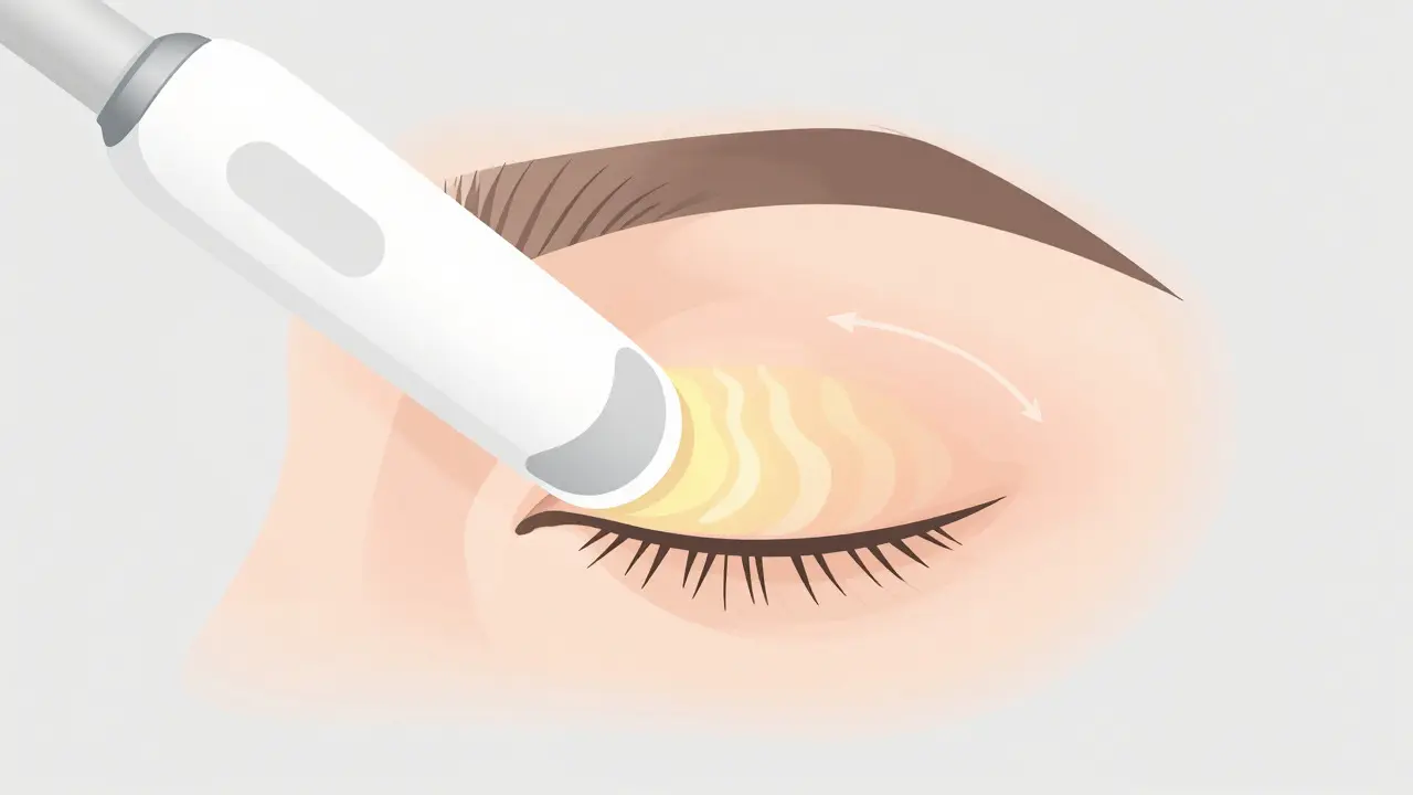 Abstract illustration of thermal therapy treating eyelid glands.