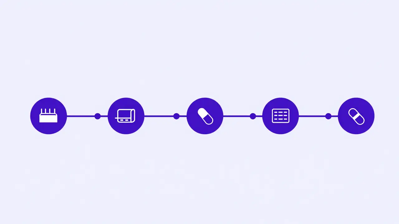 Abstract minimalist diagram of a pill box moving through connected blockchain nodes in a supply chain.