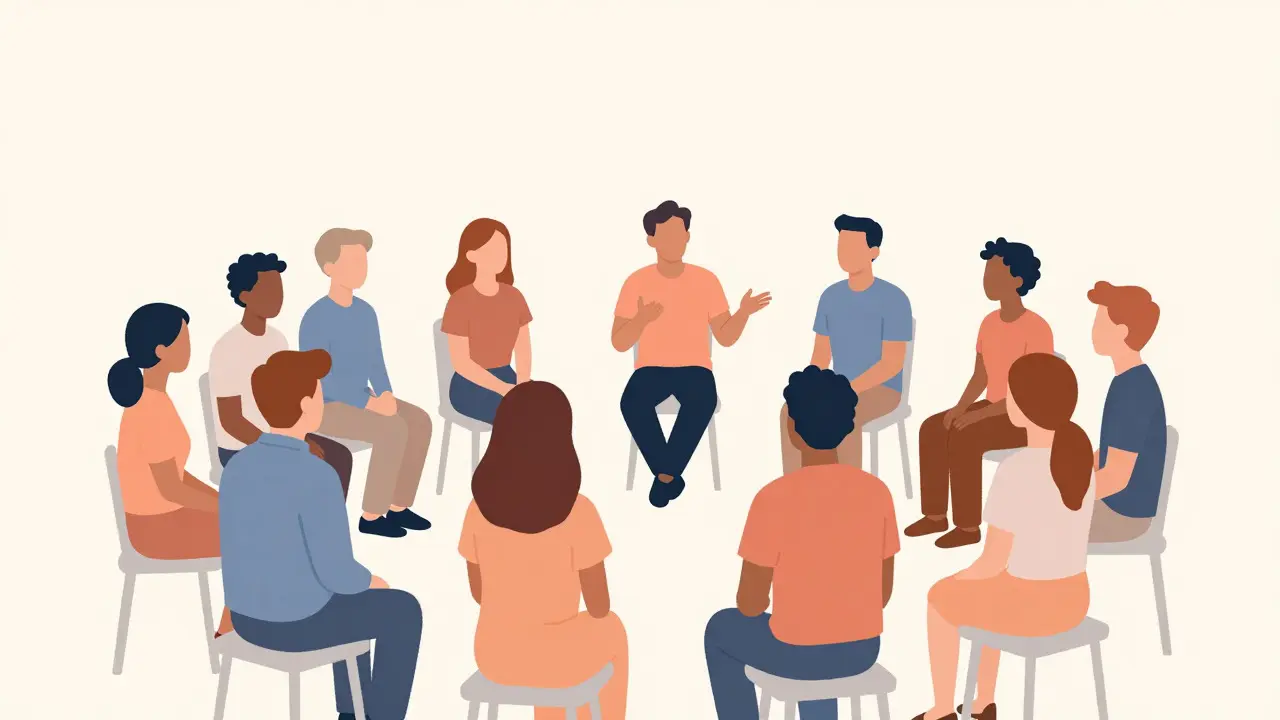Diverse group sharing stories in a supportive circle