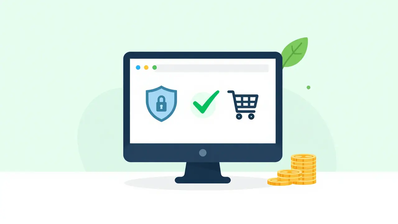 Flat design concept of safe online pharmacy shopping with security icons