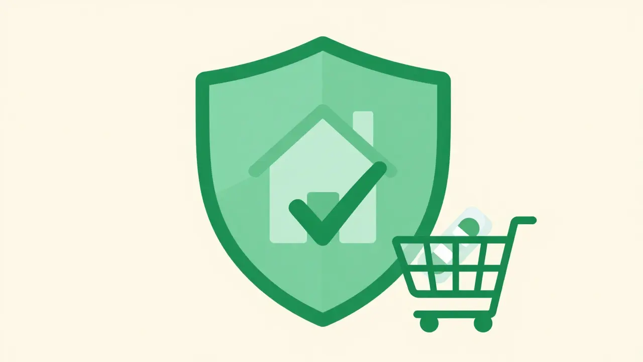 Flat design illustration of a safety shield and shopping cart for online pharmacy