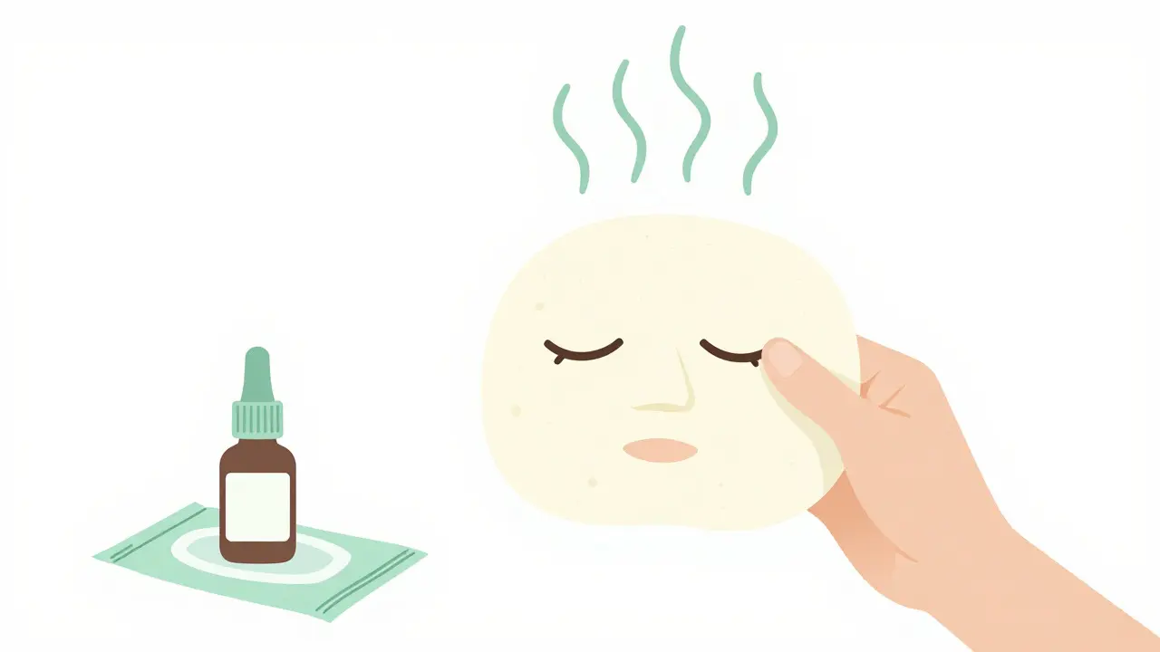 Hand applying warm compress mask to eyes for daily care.