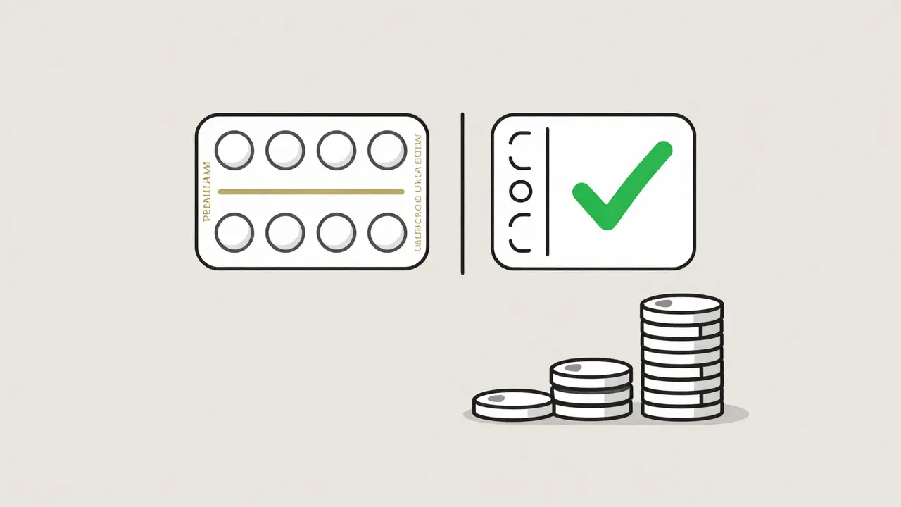 Illustration comparing brand name vs generic pills showing significant cost savings