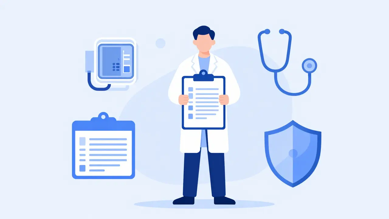 Minimalist graphic of patient completing health questionnaire for safe prescription