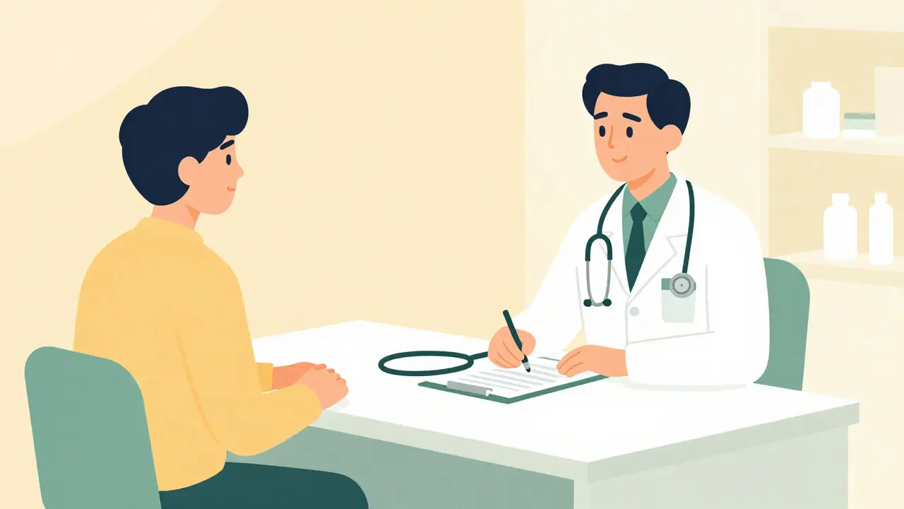 Patient consulting with a healthcare provider at a clean, modern desk.