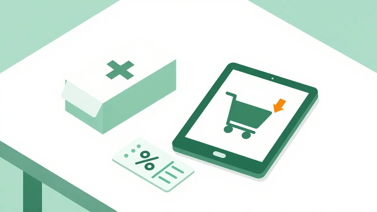 Prescription box and tablet showing online pharmacy discounts