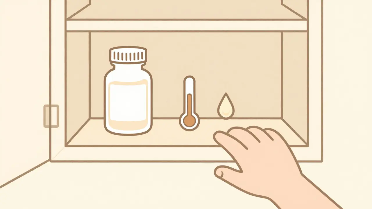 Simple illustration of medicine storage at room temperature away from children