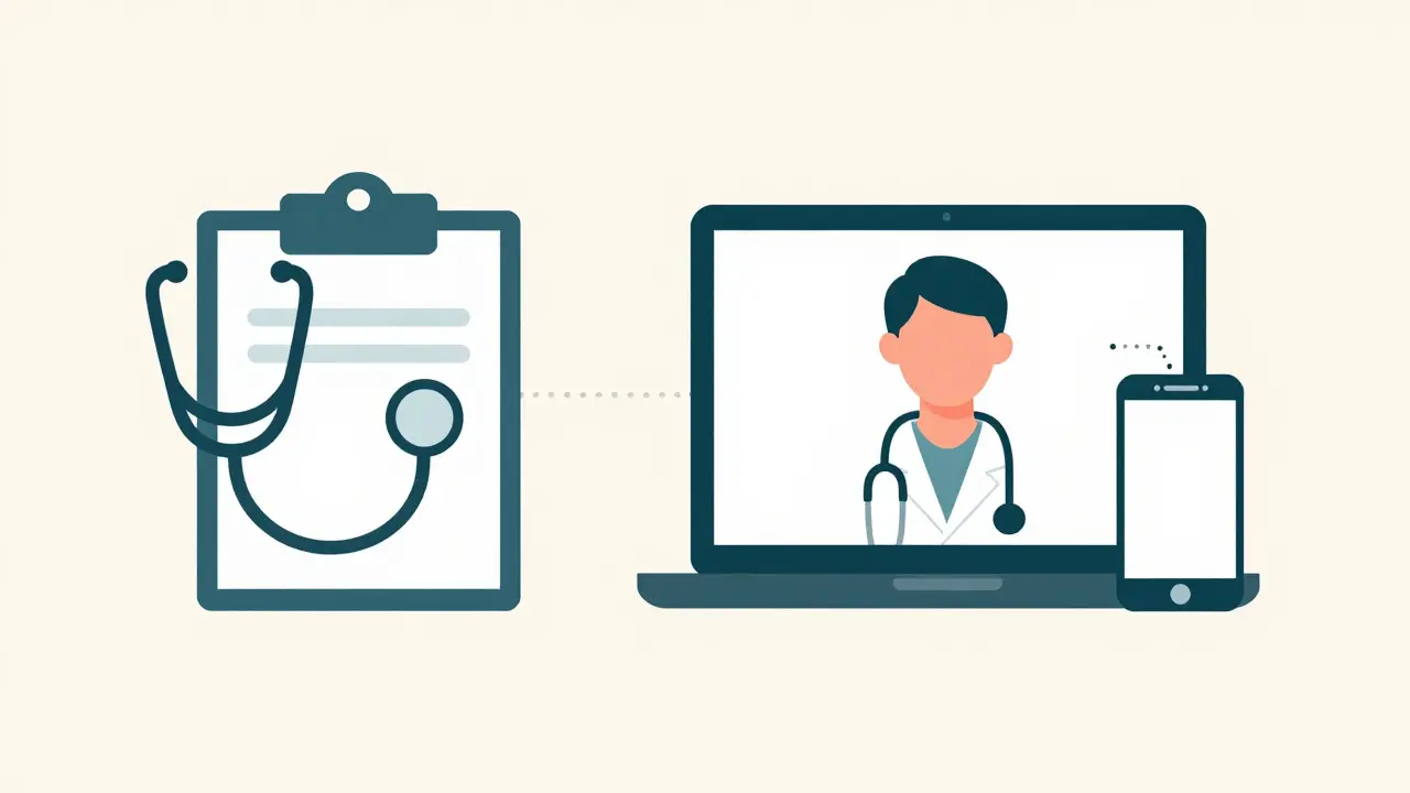 Vector art comparing traditional doctor visits and telemedicine for prescriptions